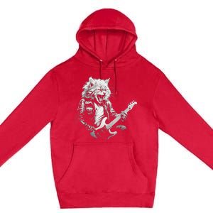 Rock Cat Playing Guitar Funny Guitar Cat Design Premium Pullover Hoodie