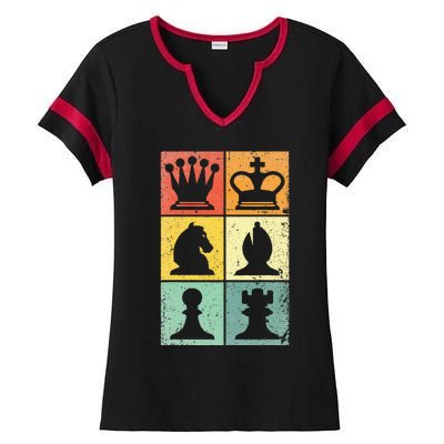 Retro Chess Player Chess Pieces Ladies Halftime Notch Neck Tee