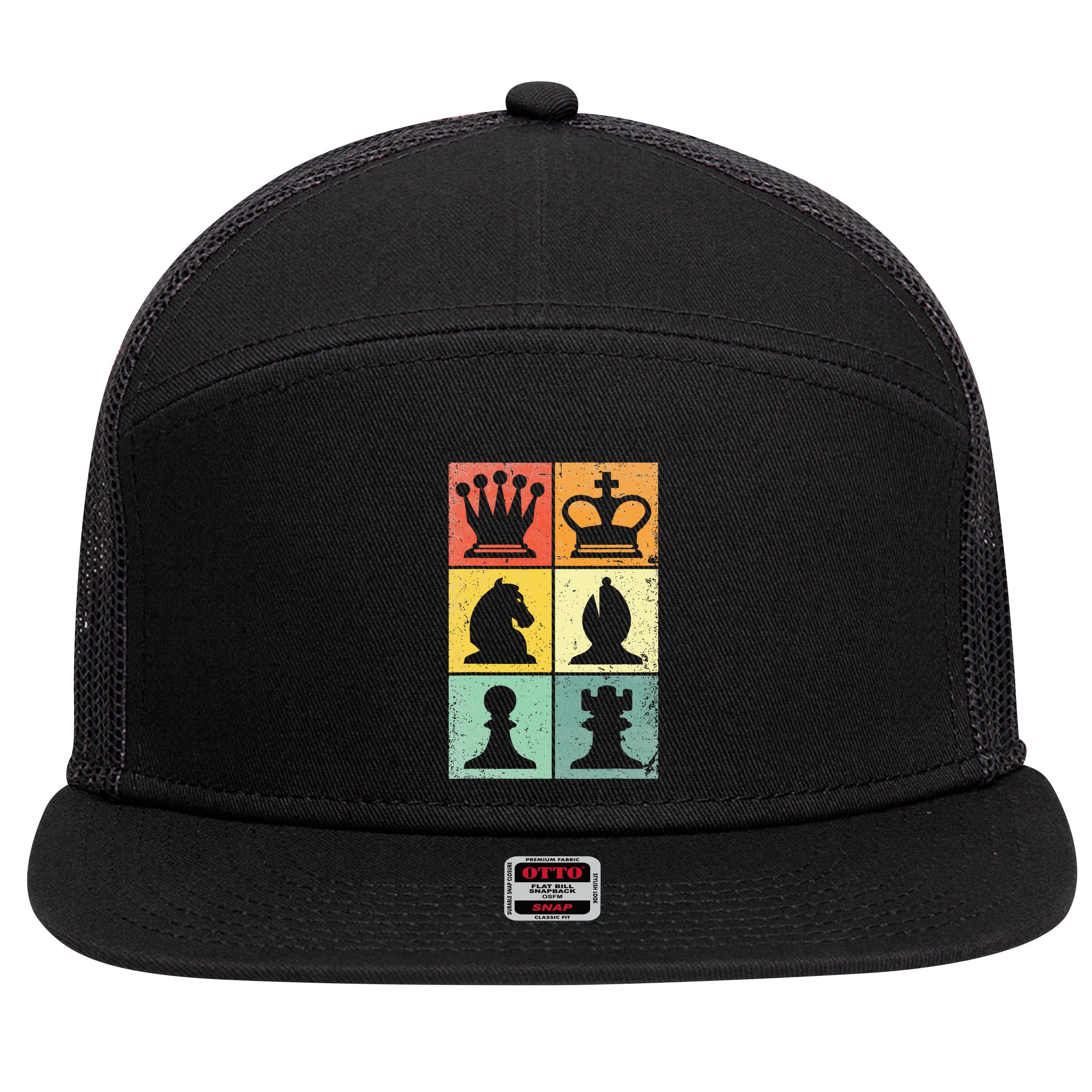 Retro Chess Player Chess Pieces 7 Panel Mesh Trucker Snapback Hat