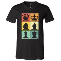 Retro Chess Player Chess Pieces V-Neck T-Shirt