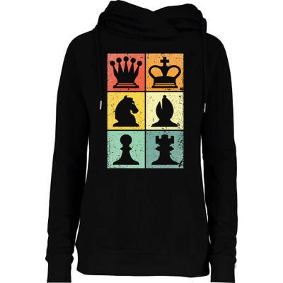 Retro Chess Player Chess Pieces Womens Funnel Neck Pullover Hood
