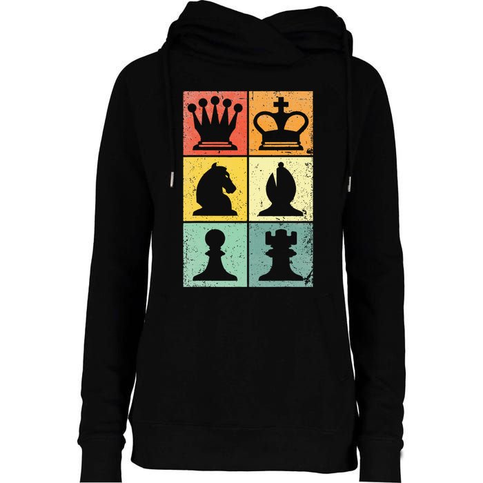 Retro Chess Player Chess Pieces Womens Funnel Neck Pullover Hood