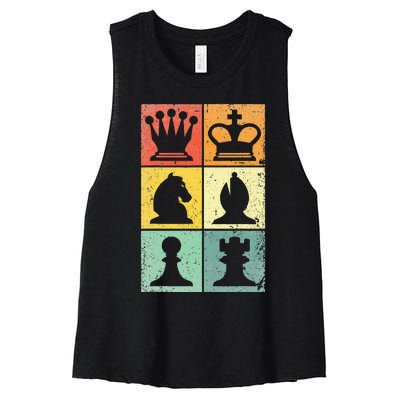 Retro Chess Player Chess Pieces Women's Racerback Cropped Tank