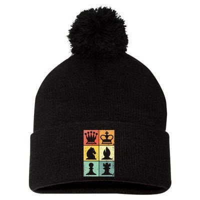 Retro Chess Player Chess Pieces Pom Pom 12in Knit Beanie