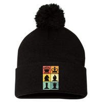 Retro Chess Player Chess Pieces Pom Pom 12in Knit Beanie