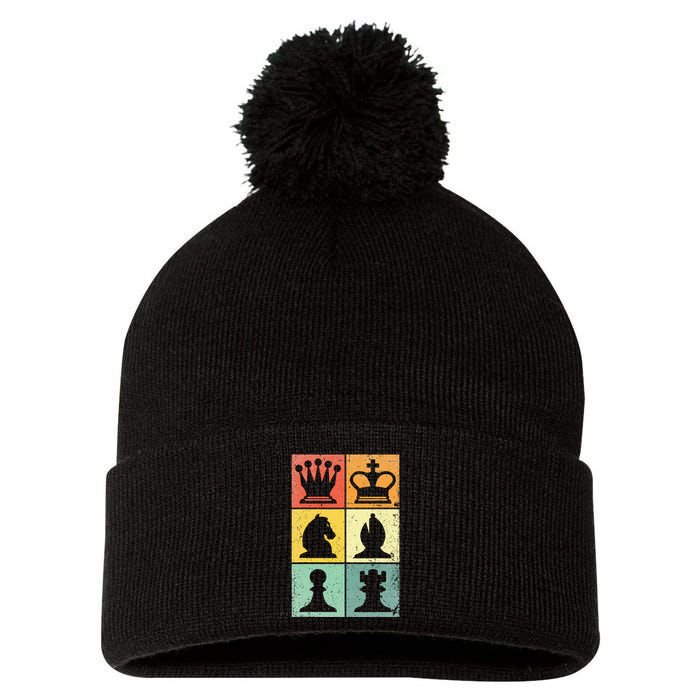 Retro Chess Player Chess Pieces Pom Pom 12in Knit Beanie