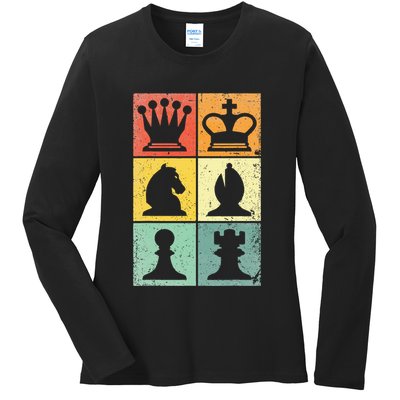 Retro Chess Player Chess Pieces Ladies Long Sleeve Shirt
