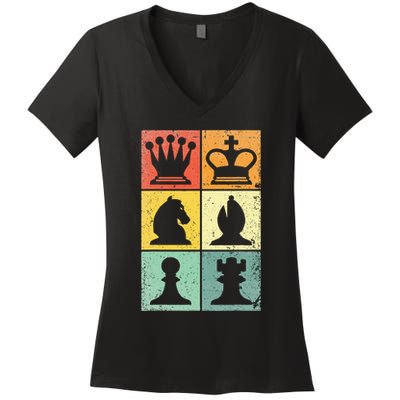 Retro Chess Player Chess Pieces Women's V-Neck T-Shirt