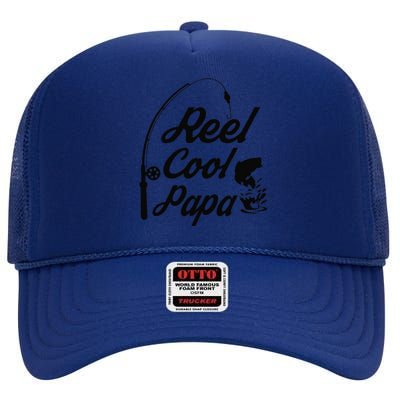 Reel Cool Papa Fishing Fathers Day Dad Birthday Gift High Crown Mesh Back Trucker Hat