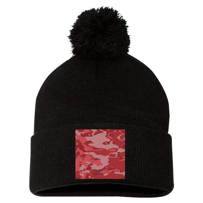 Red Camouflage Pattern Pom Pom 12in Knit Beanie