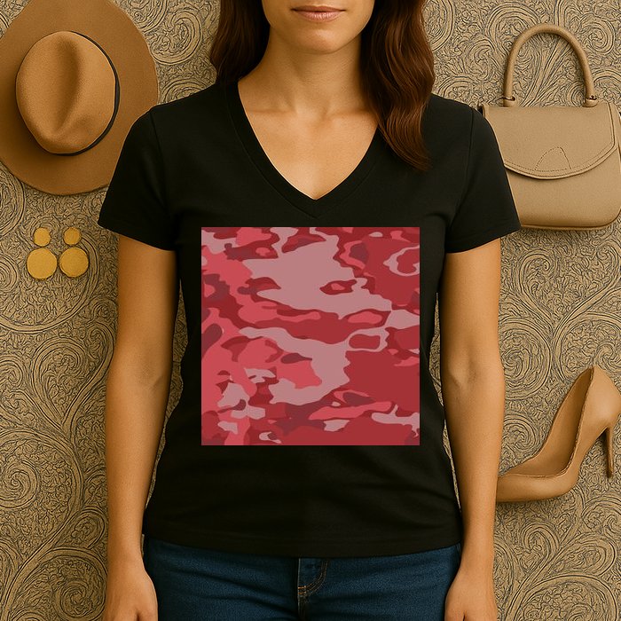 Red Camouflage Pattern Women's V-Neck T-Shirt