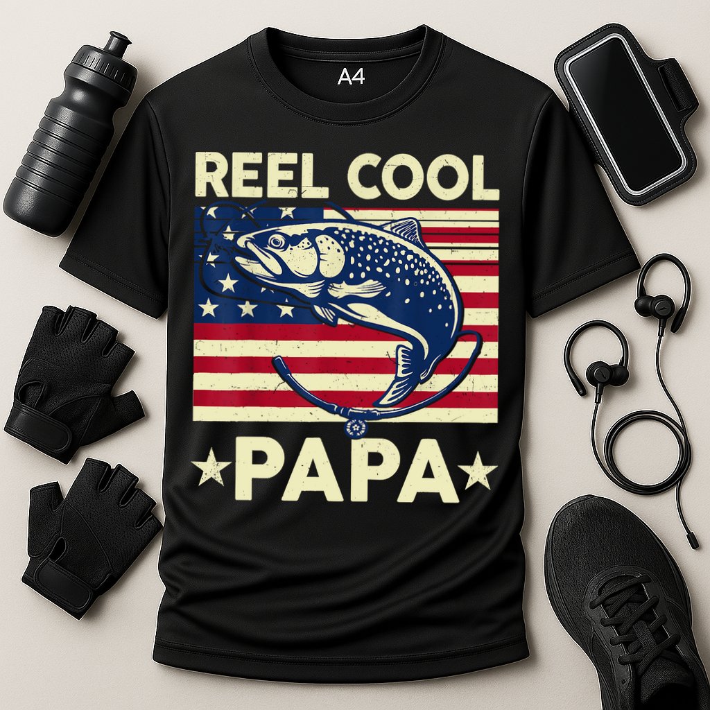 Reel Cool Papa Fathers Day Trout Fishing Gift Dad Grandpa Cooling Performance Crew T-Shirt