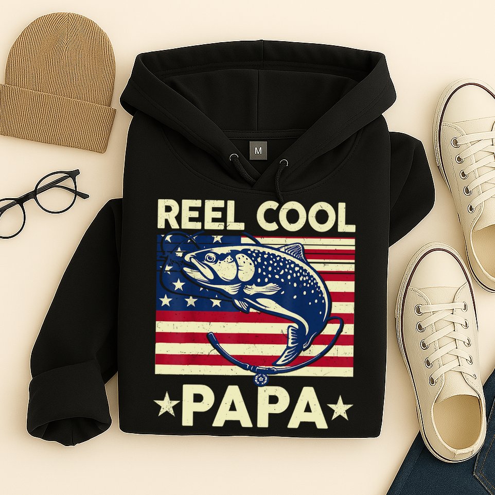 Reel Cool Papa Fathers Day Trout Fishing Gift Dad Grandpa Hoodie