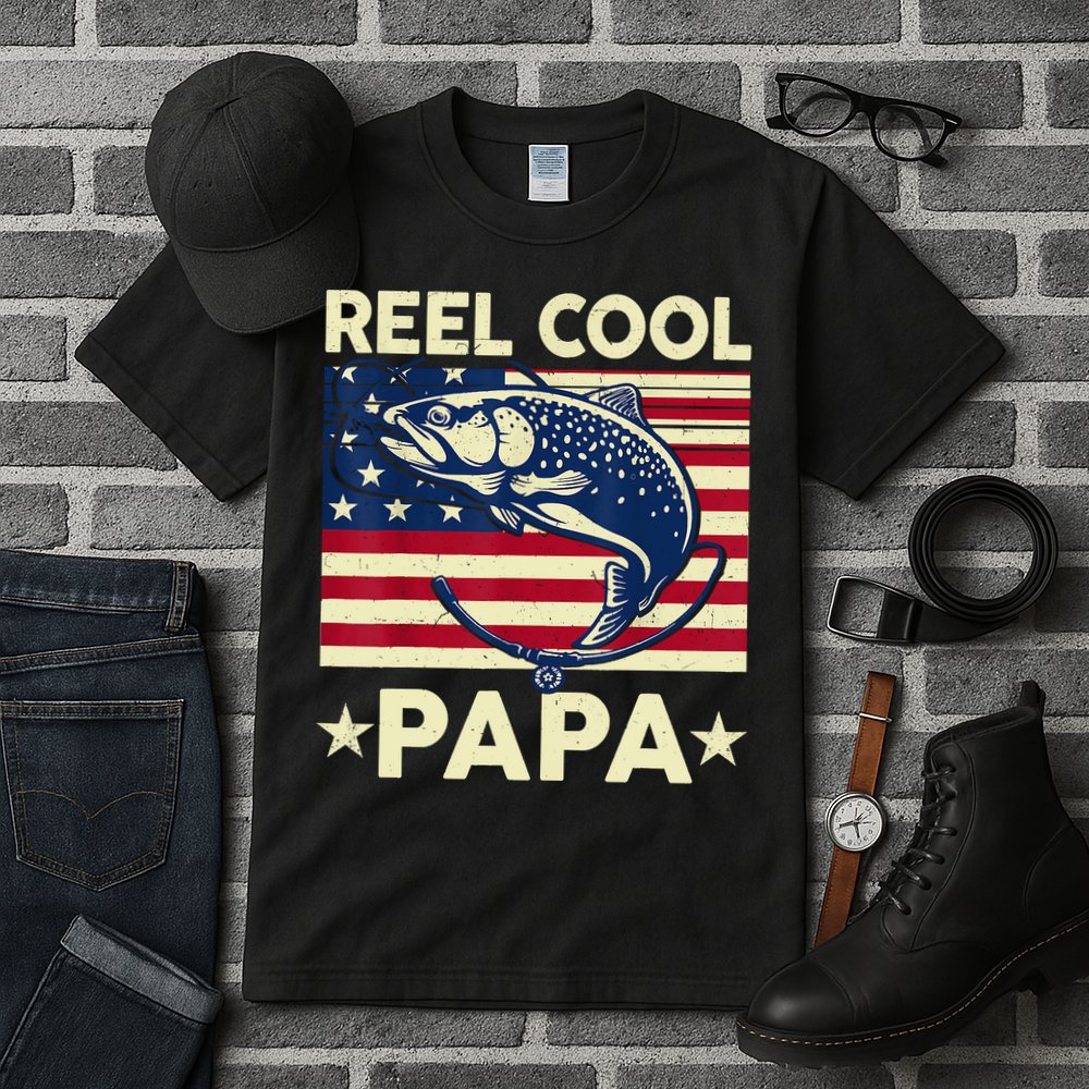 Reel Cool Papa Fathers Day Trout Fishing Gift Dad Grandpa Tall T-Shirt