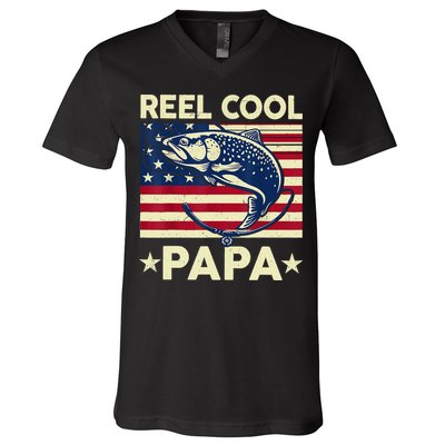 Reel Cool Papa Fathers Day Trout Fishing Gift Dad Grandpa V-Neck T-Shirt
