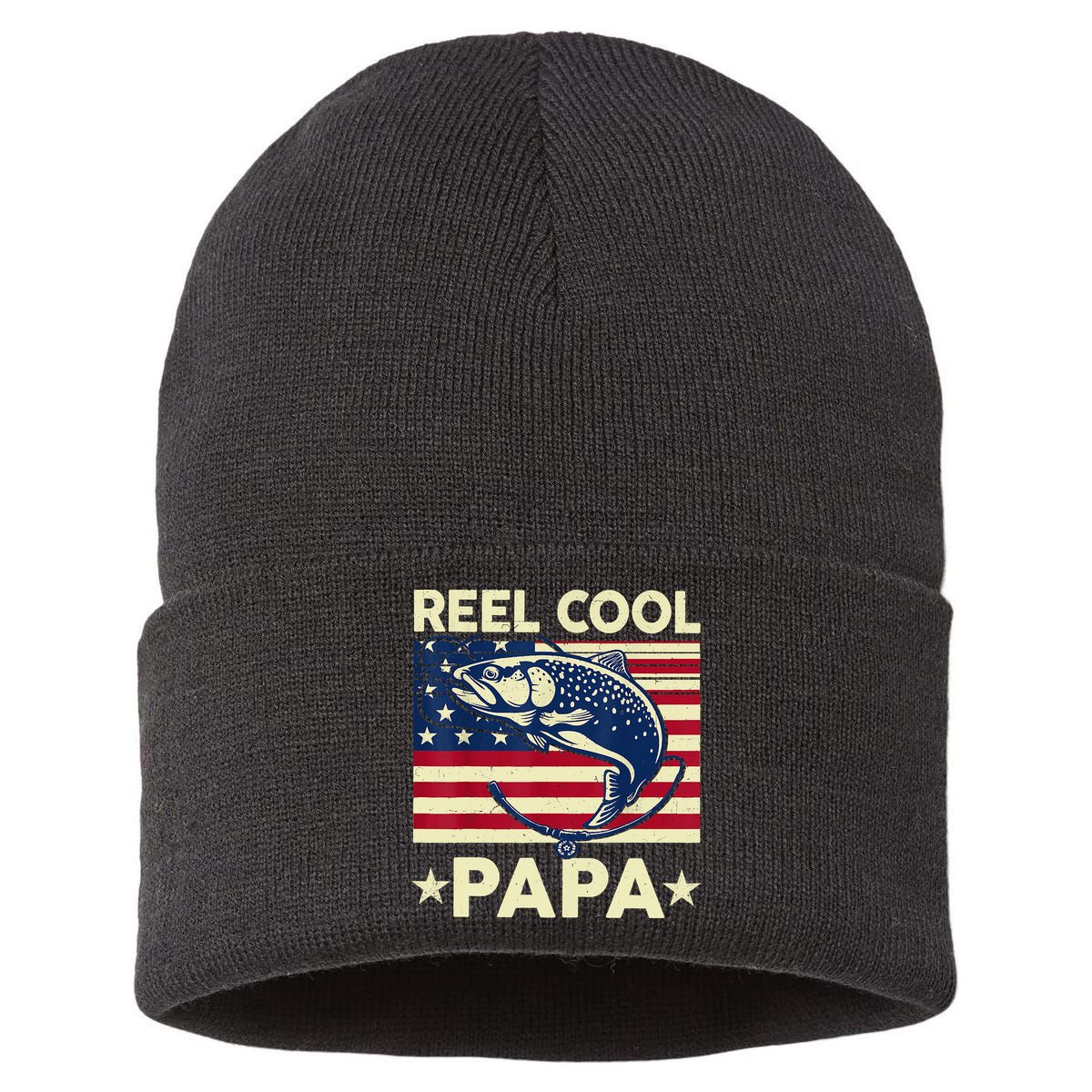 Reel Cool Papa Fathers Day Trout Fishing Gift Dad Grandpa Sustainable Knit Beanie