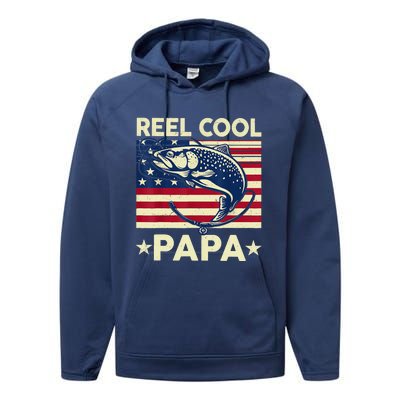 Reel Cool Papa Fathers Day Trout Fishing Gift Dad Grandpa Performance Fleece Hoodie