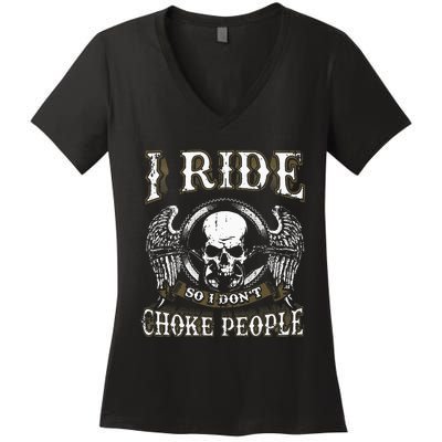 Ride Choke People Biker Wings Skull Motorcycle Long Sleeve Women's V-Neck T-Shirt