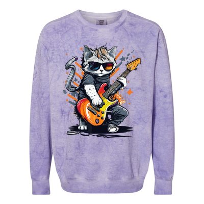 Rock Cat Playing Guitar Funny Guitar Cat Colorblast Crewneck Sweatshirt