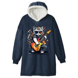 Rock Cat Playing Guitar Funny Guitar Cat Hooded Wearable Blanket