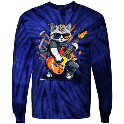 Rock Cat Playing Guitar Funny Guitar Cat Tie-Dye Long Sleeve Shirt