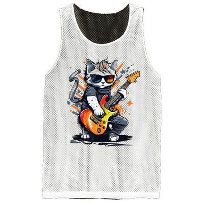 Rock Cat Playing Guitar Funny Guitar Cat Mesh Reversible Basketball Jersey Tank