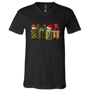 Retro Canned Pickles Christmas Santa Hat Reindeer Pickle Jar V-Neck T-Shirt