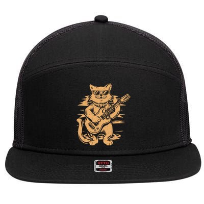 Rock Cat Playing Guitar Rock Kitty Funny Guitar Cat 7 Panel Mesh Trucker Snapback Hat