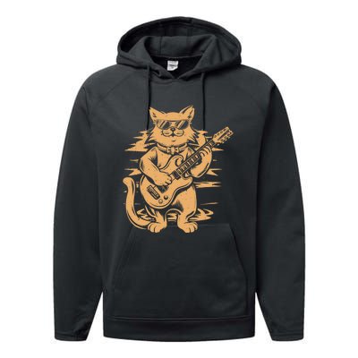 Rock Cat Playing Guitar Rock Kitty Funny Guitar Cat Performance Fleece Hoodie