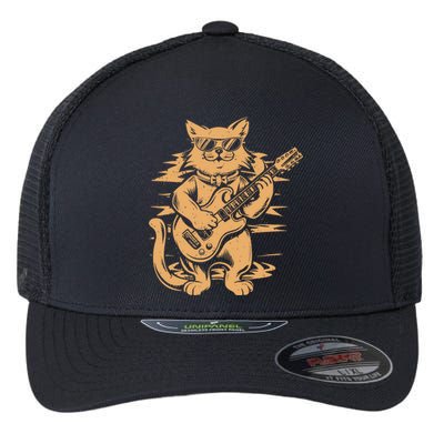 Rock Cat Playing Guitar Rock Kitty Funny Guitar Cat Flexfit Unipanel Trucker Cap