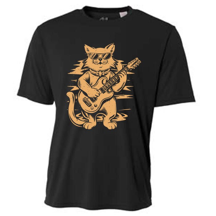 Rock Cat Playing Guitar Rock Kitty Funny Guitar Cat Cooling Performance Crew T-Shirt