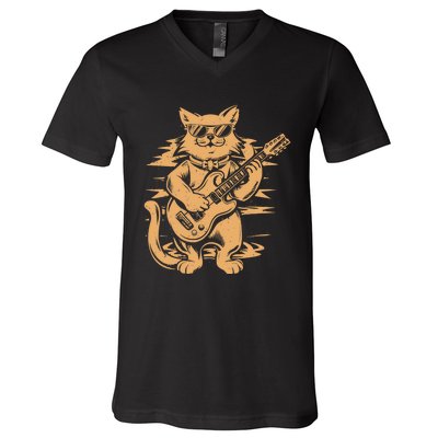 Rock Cat Playing Guitar Rock Kitty Funny Guitar Cat V-Neck T-Shirt