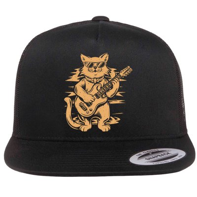 Rock Cat Playing Guitar Rock Kitty Funny Guitar Cat Flat Bill Trucker Hat