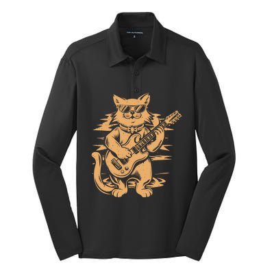 Rock Cat Playing Guitar Rock Kitty Funny Guitar Cat Silk Touch Performance Long Sleeve Polo