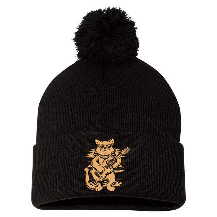 Rock Cat Playing Guitar Rock Kitty Funny Guitar Cat Pom Pom 12in Knit Beanie