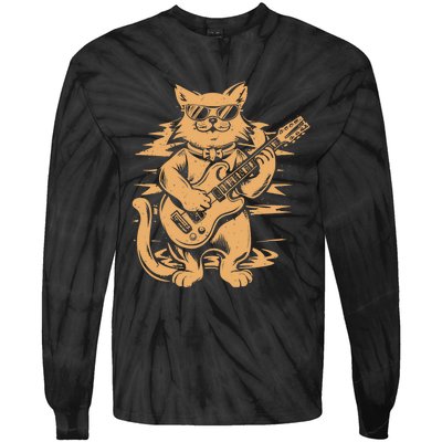 Rock Cat Playing Guitar Rock Kitty Funny Guitar Cat Tie-Dye Long Sleeve Shirt