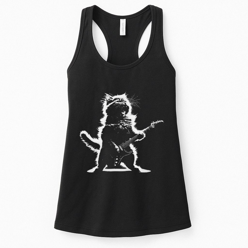 Rock Cat Playing Guitar Electric Funny Guitar Bear Music Womens Tank Top