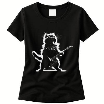 Rock Cat Playing Guitar Electric Funny Guitar Bear Music Womens T-Shirt