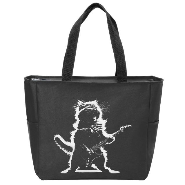 Rock Cat Playing Guitar Electric Funny Guitar Bear Music Zip Tote Bag