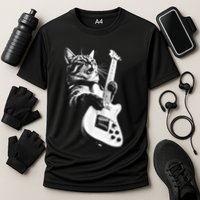 Rock Cat Playing Guitar Funny Guitar Cat Cooling Performance Crew T-Shirt