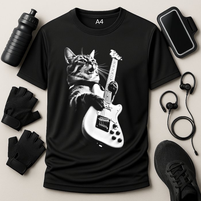 Rock Cat Playing Guitar Funny Guitar Cat Cooling Performance Crew T-Shirt