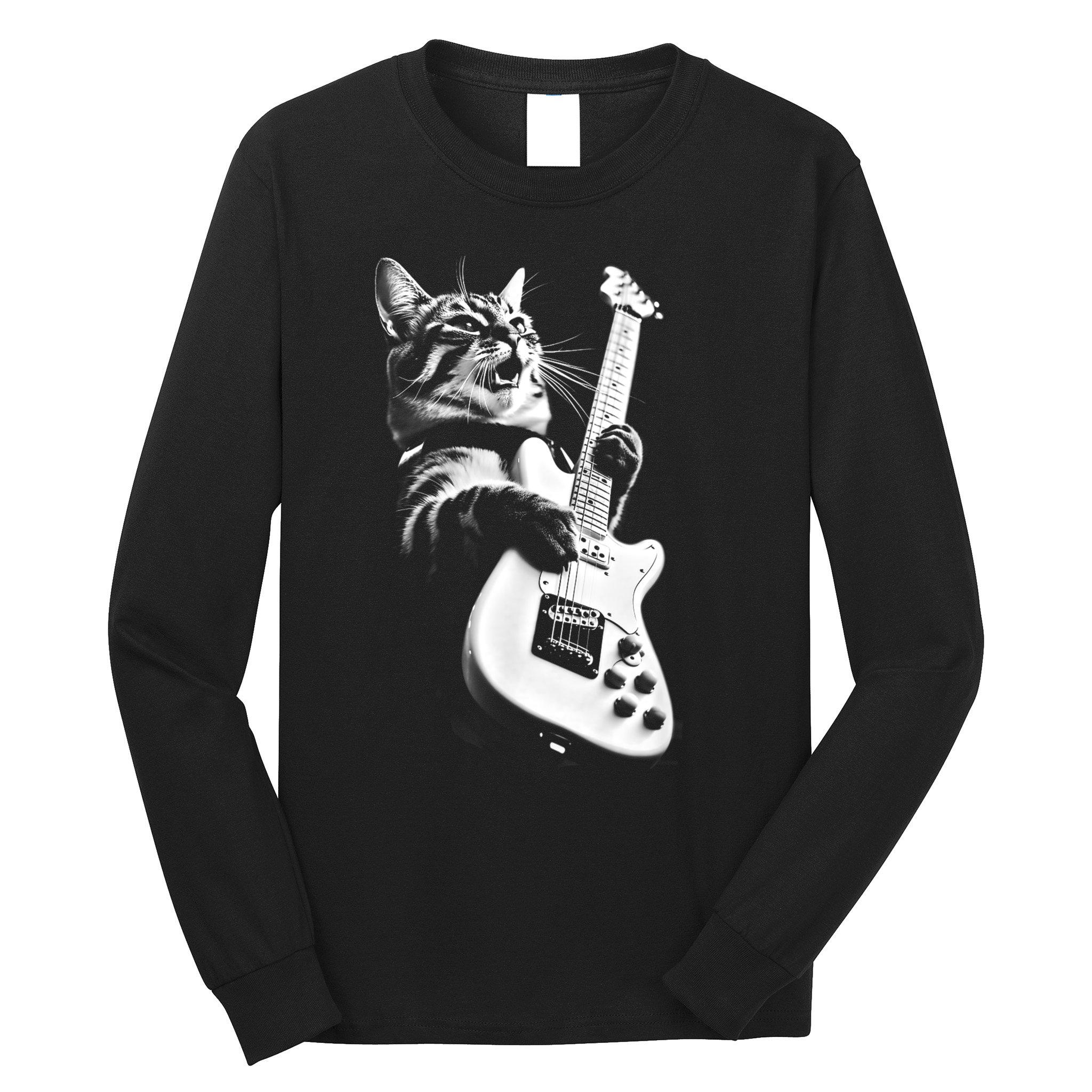 Rock Cat Playing Guitar Funny Guitar Cat Long Sleeve Shirt