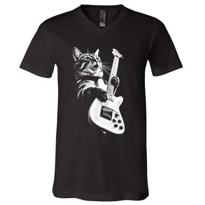 Rock Cat Playing Guitar Funny Guitar Cat V-Neck T-Shirt