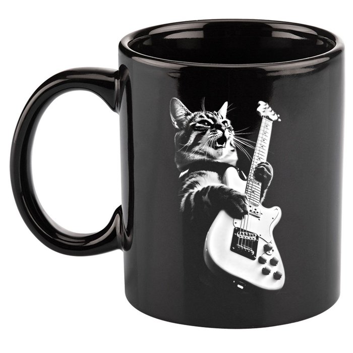 Rock Cat Playing Guitar Funny Guitar Cat 11oz C Handle Ceramic Mug