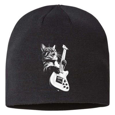Rock Cat Playing Guitar Funny Guitar Cat Sustainable Beanie