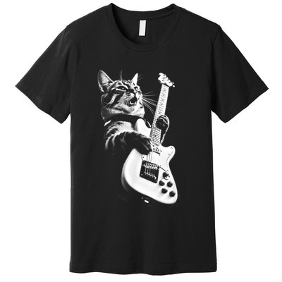 Rock Cat Playing Guitar Funny Guitar Cat Premium T-Shirt