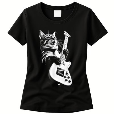 Rock Cat Playing Guitar Funny Guitar Cat Womens T-Shirt