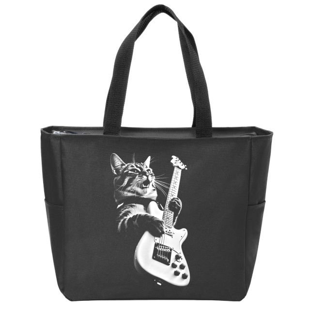 Rock Cat Playing Guitar Funny Guitar Cat Zip Tote Bag