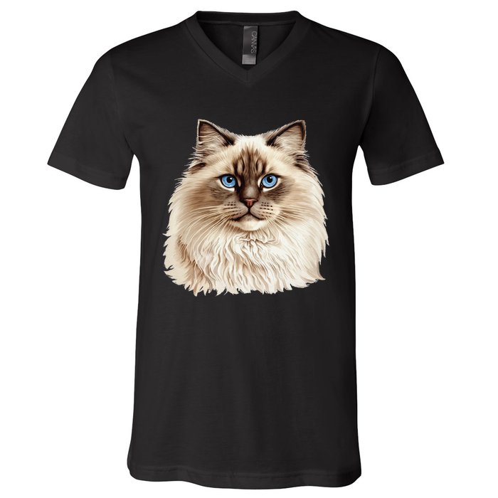 Ragdoll Cat Portrait Ragdoll Cat Head Ragdoll Cat Face V-Neck T-Shirt