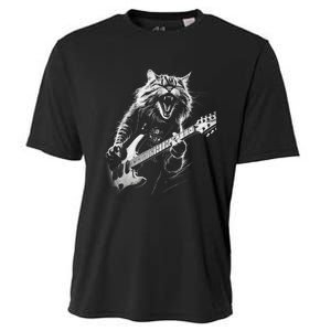 Rock Cat Playing Guitar Funny Guitar Cat Cooling Performance Crew T-Shirt